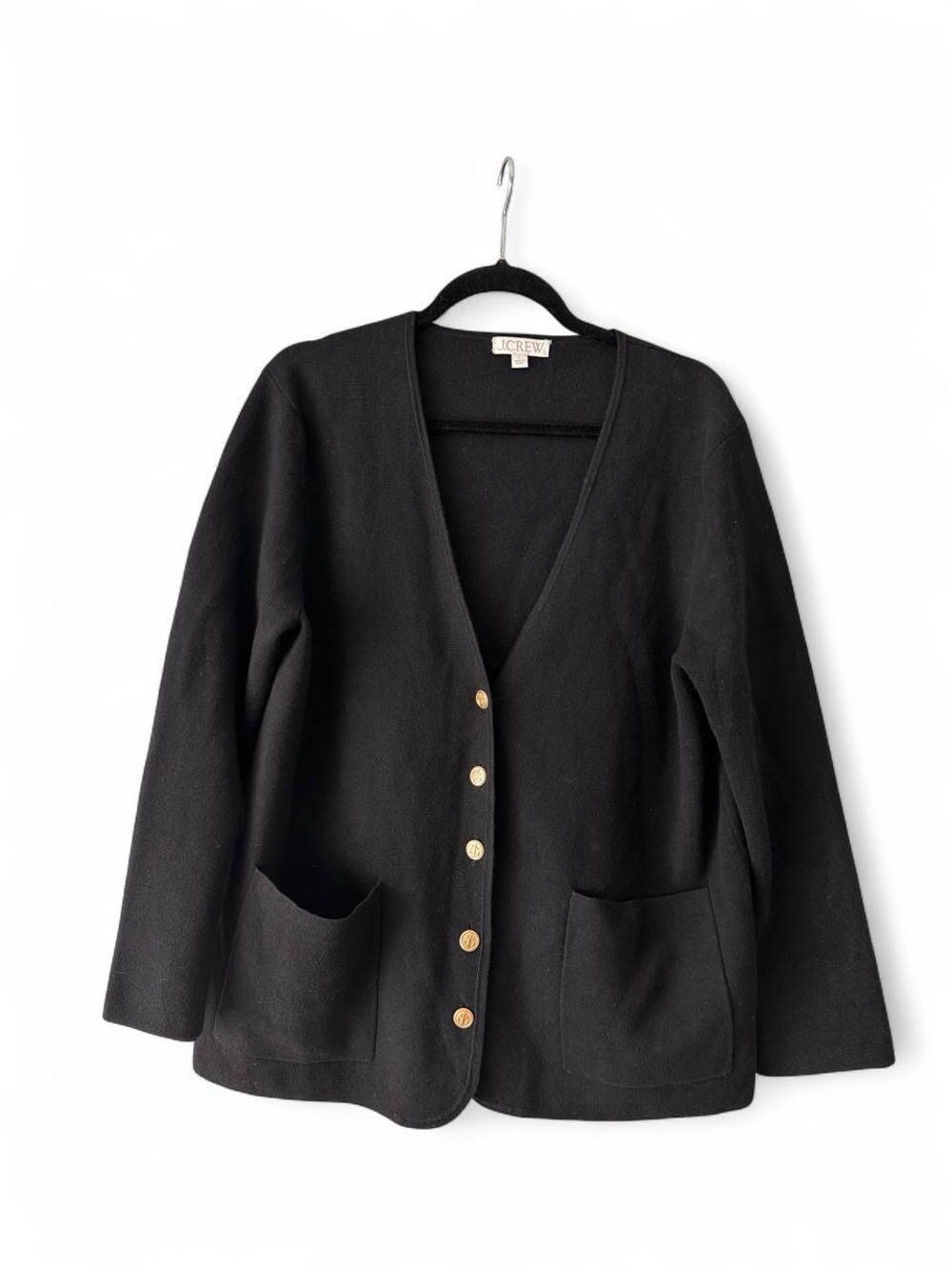 J. Crew Black V-Neck Cardigan Jacket with Gold Buttons and pockets wool blend L